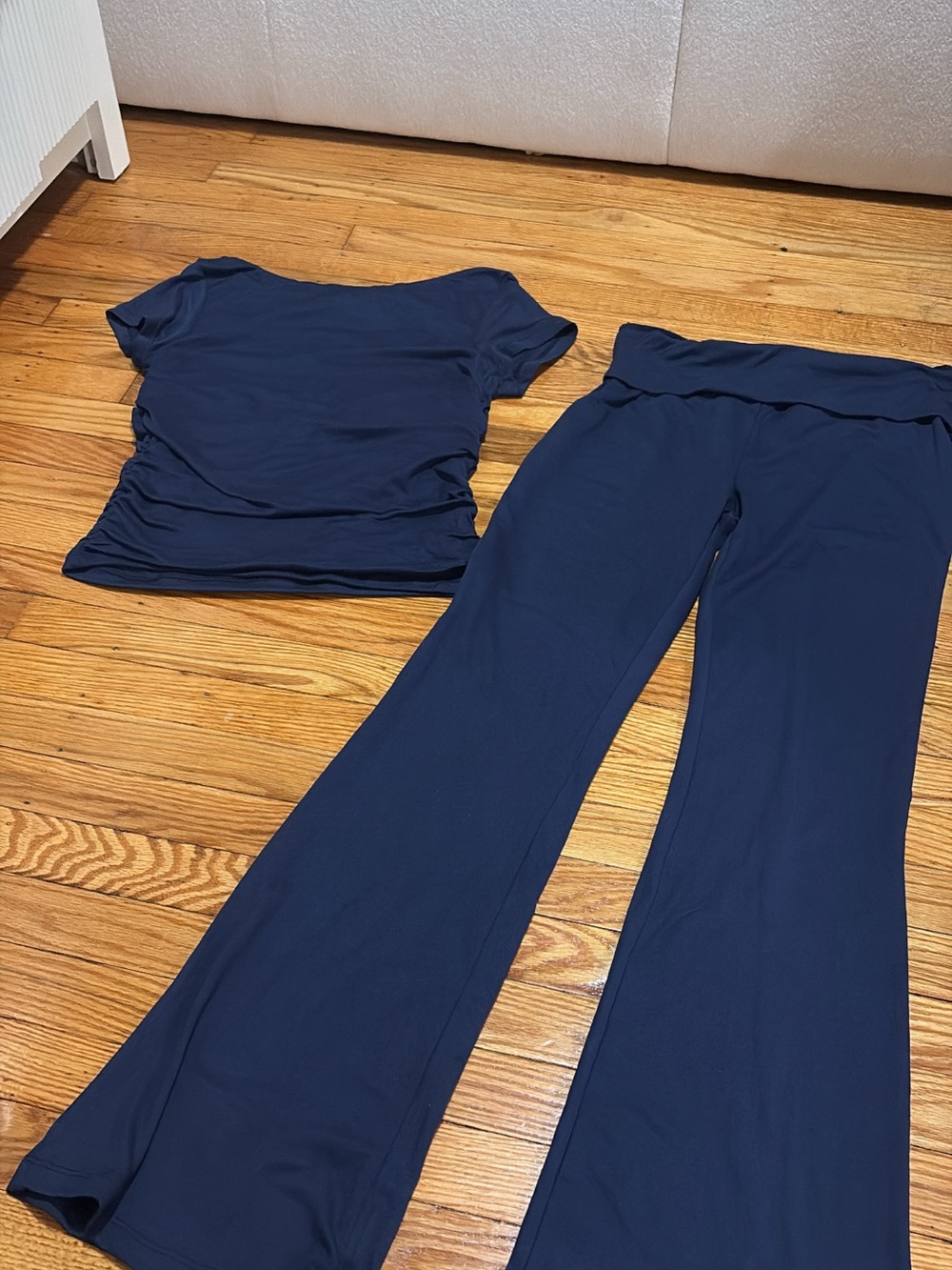 Navy Boot‑Cut Pants with Matching Short‑Sleeve Top - Coordinated Set